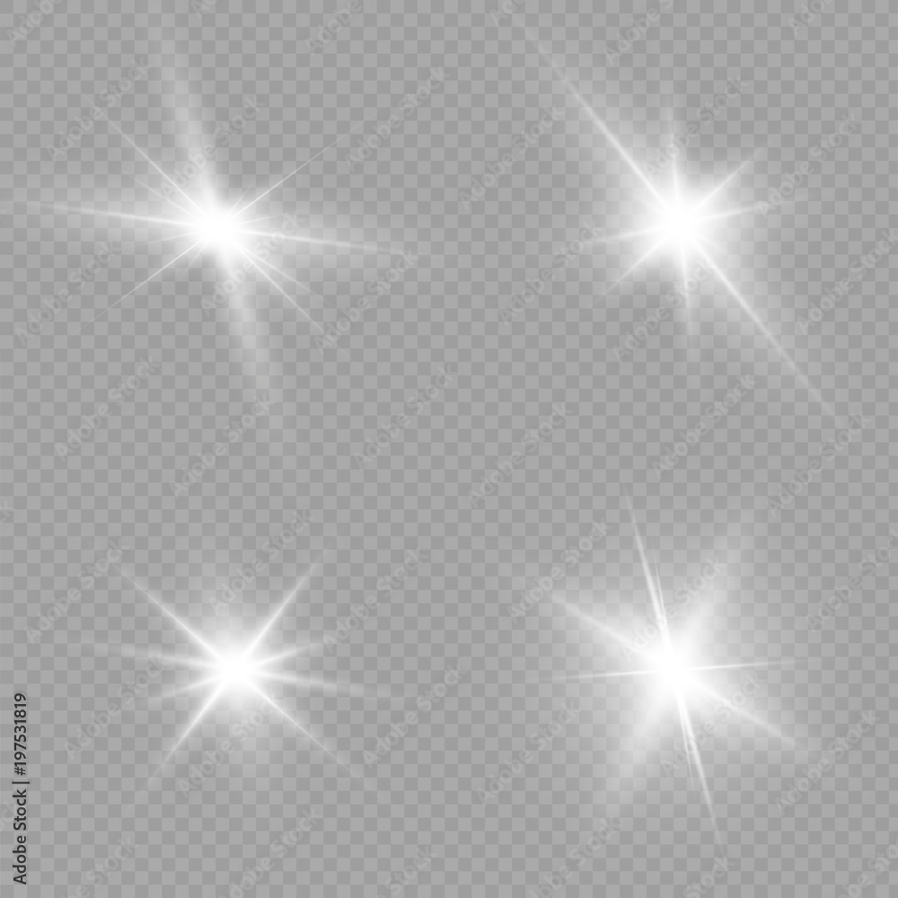 White glowing light explodes on a transparent background. Vector illustration. Bright Star. Set