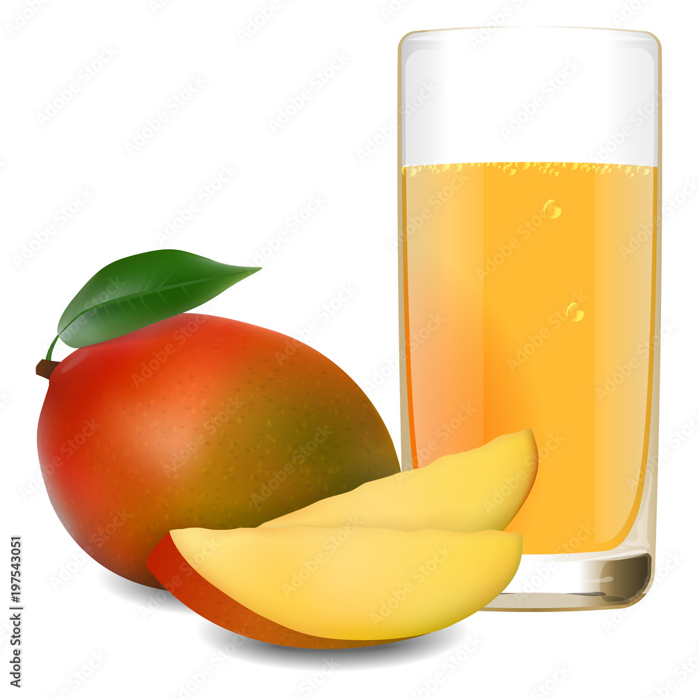 glass of refreshing delicious juice from ripe mango. Realistic style. Vector illustration