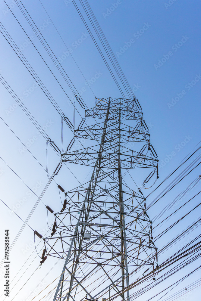 transmission pole with blue sky