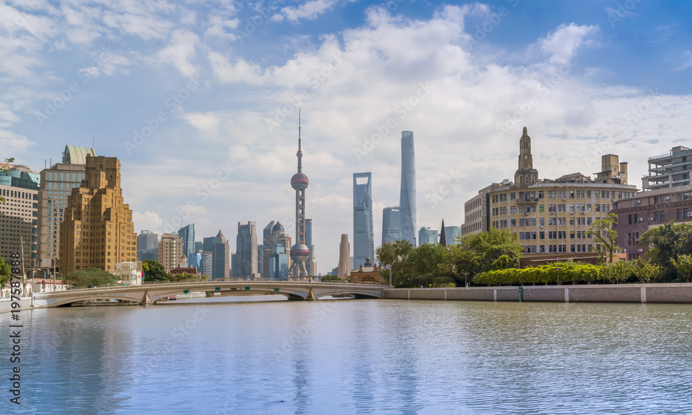 The skyline of the urban architectural landscape in Lujiazui, the Bund, Shanghai