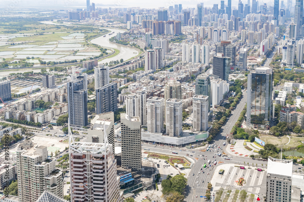 深圳城市建筑景观和城市天际线鸟瞰图