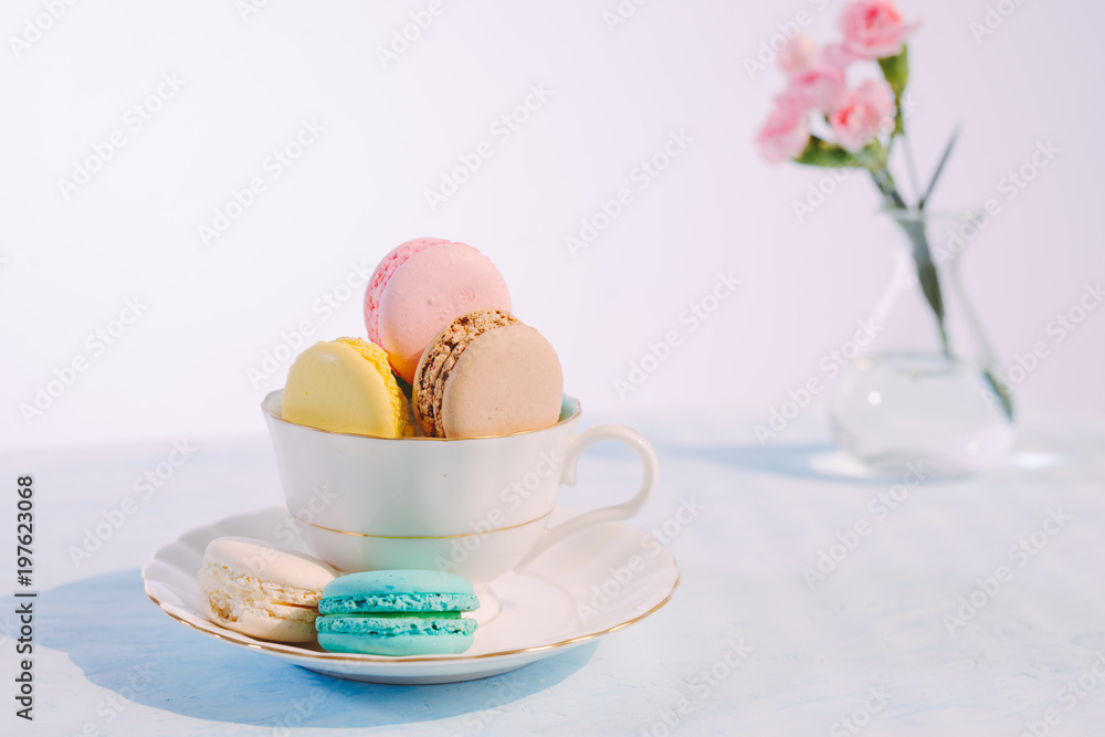 Delicious french dessert. Colorful pastel cake macaron or macaroon