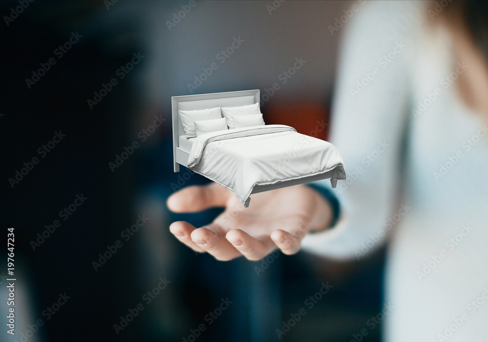 Mano di donna con modello di letto 3d