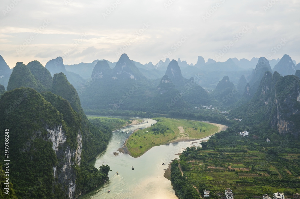 Boats on Li River in Karst Mountains, Guilin Sugarloaf, XingPing, China