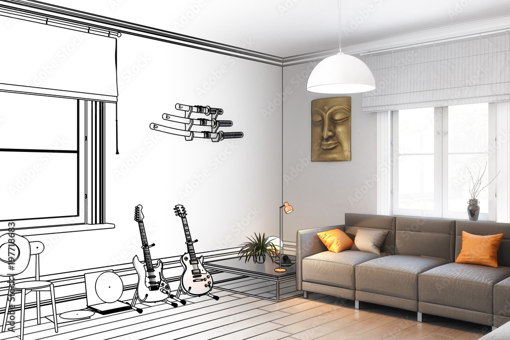 E-Gitarren im Wohnzimmer (Zeichnung)