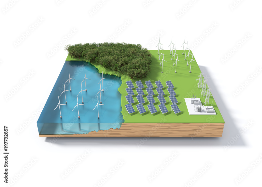 Windmill and solar panels concept. 3D illustration