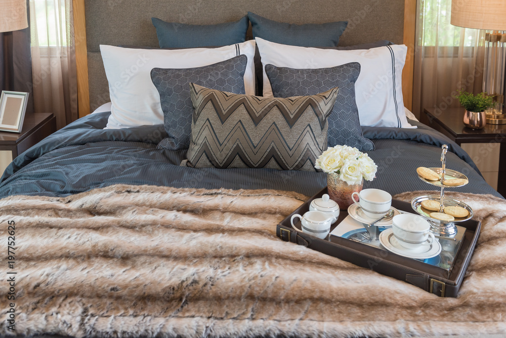 set of coffee cup on tray in classic master bedroom