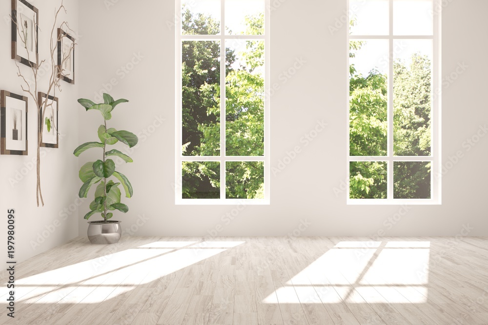 White empty room with summer landscape in window. Scandinavian interior design. 3D illustration