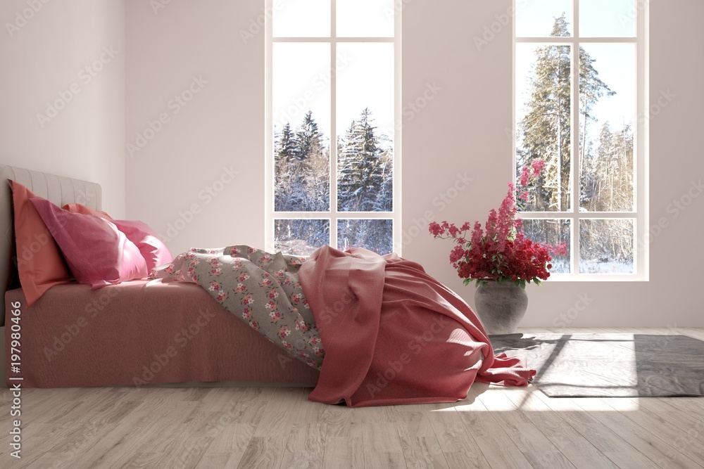 White bedroom with winter landscape in window. Scandinavian interior design. 3D illustration