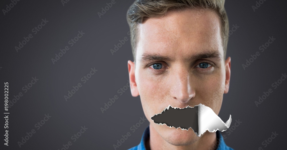 Man with torn paper on mouth