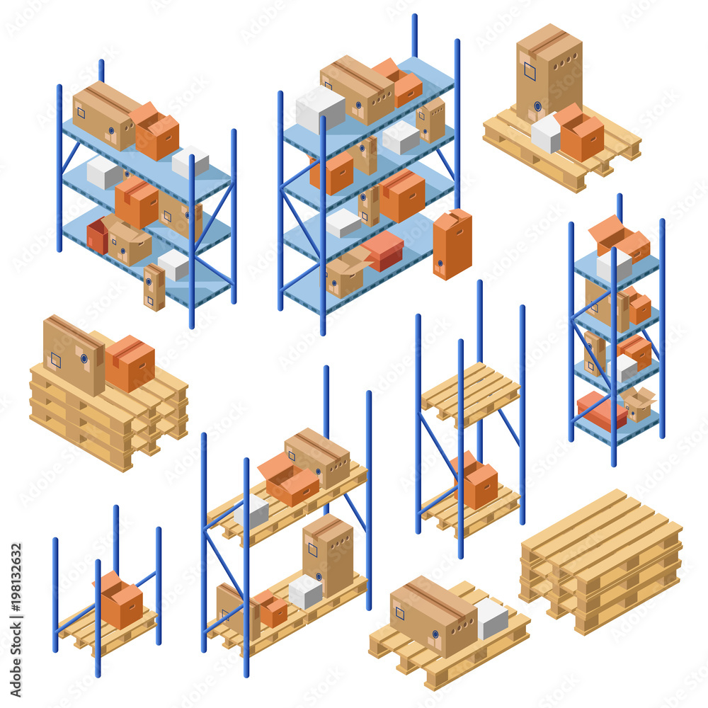 矢量等轴测仓库金属货架、存储架、带纸板交付包装的货架