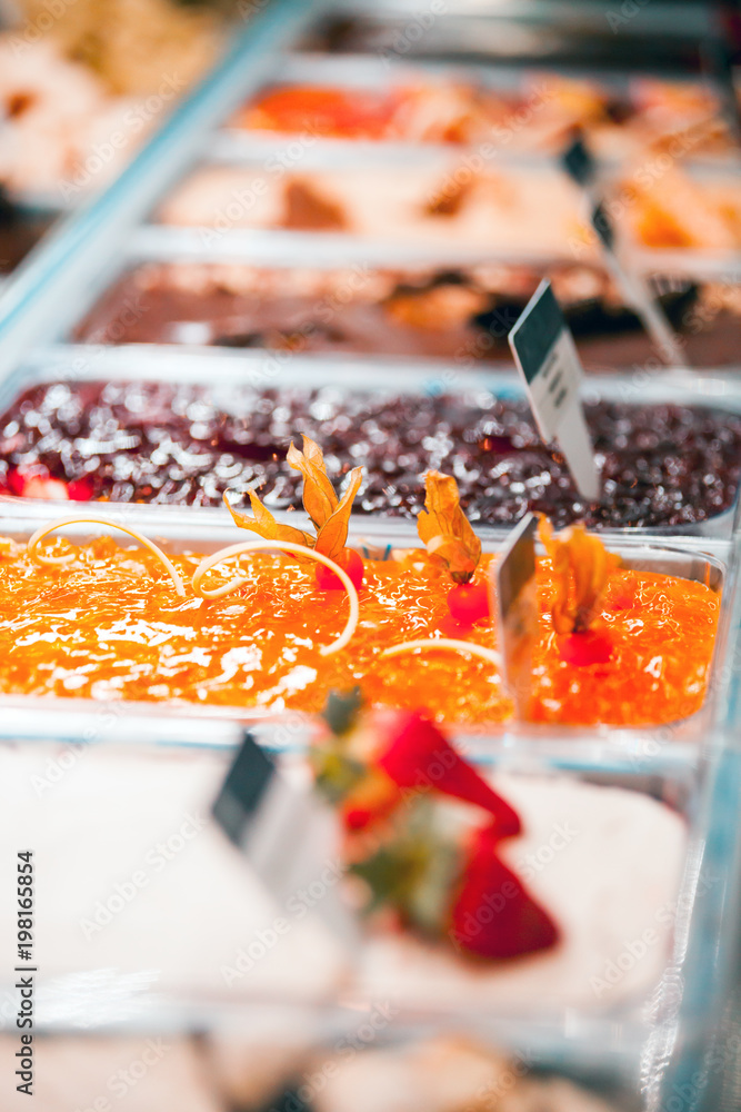 Showcase fridge in confectionery shop