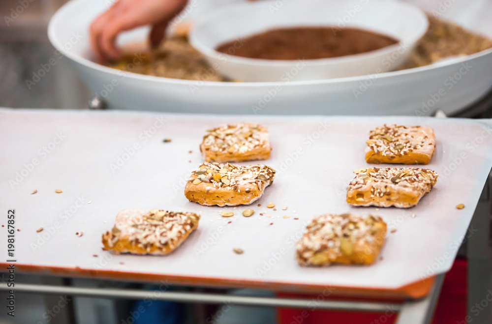 Preparing cookies in confectionery factory food industry