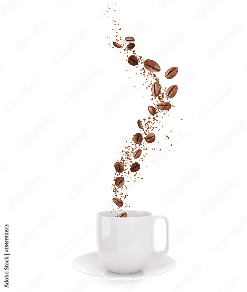 Coffee beans and coffee powder Fly out of a white cup