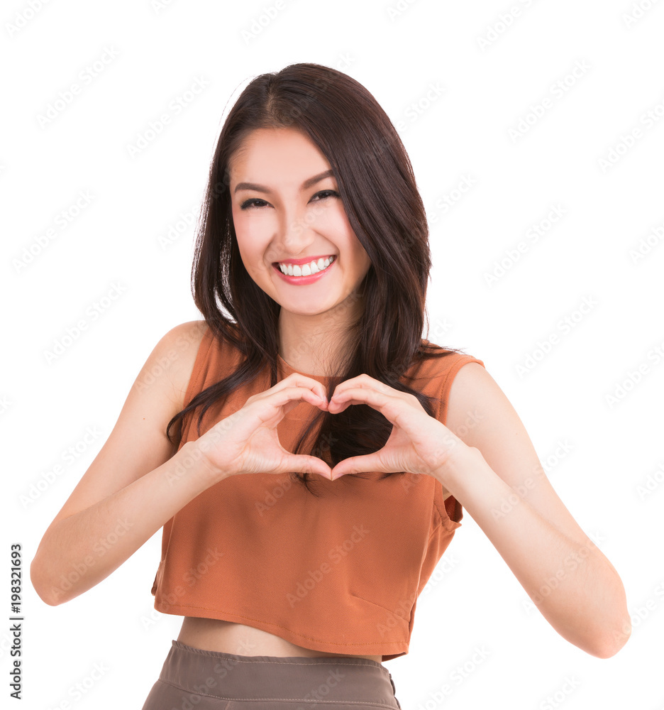 Asian pretty girl and hand with heart symbol