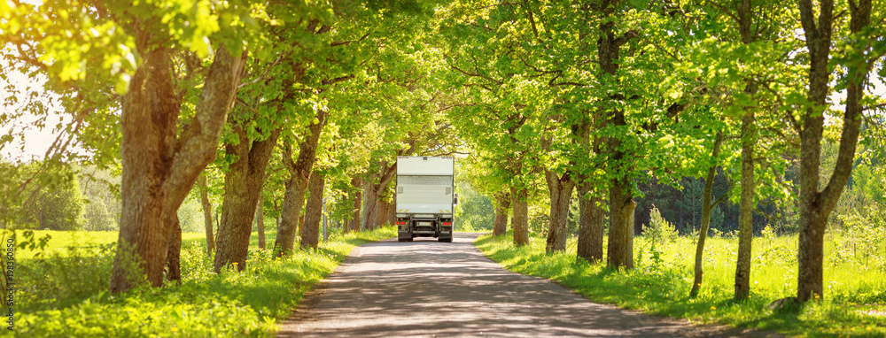 春天公园柏油路上的卡车。夏天小巷里的卡车