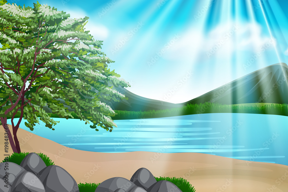 Background design with sea and mountains