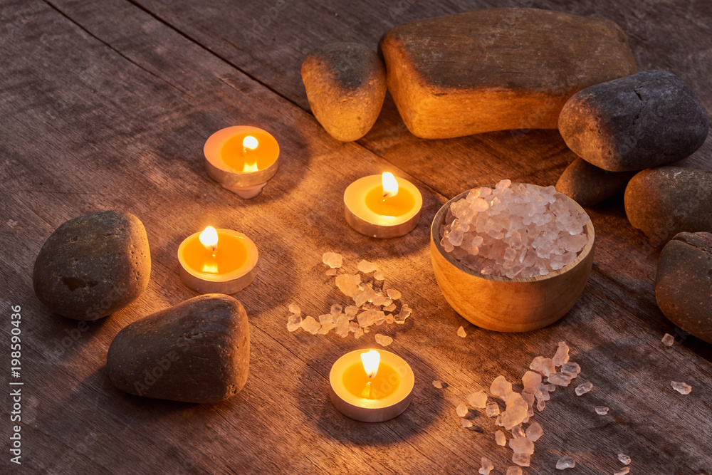 Composition of spa treatment on wooden background