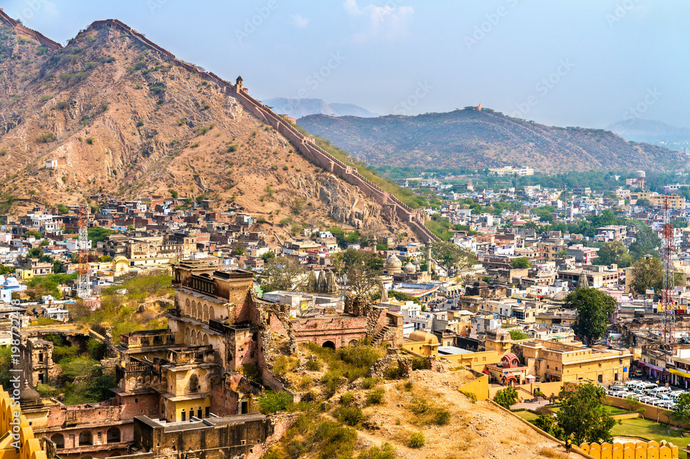 Aerial view of Amer town near Jaipur, India