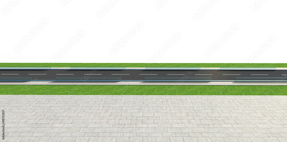 3d Render road with tunnel and greenfield , isolated on white background . Side view .