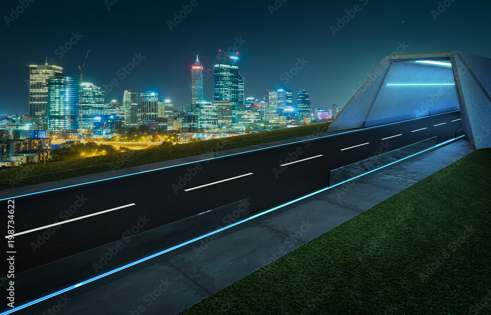 Empty asphalt road with tunnel ,greenfield and modern city skyline background . Mixed media .