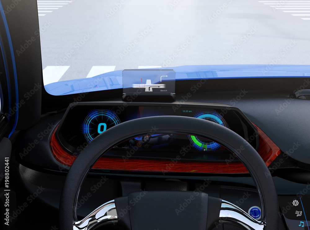 Closeup view of digital speedometer with HUD on wooden tray. Electric cars dashboard concept. 3D re