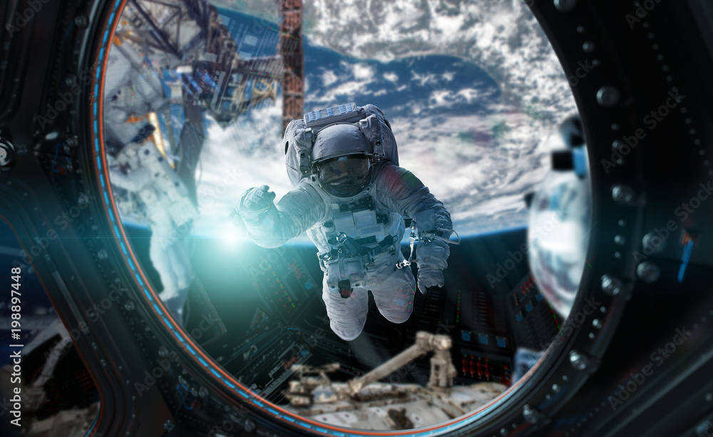 Astronaut working on a space station 3D rendering elements of this image furnished by NASA