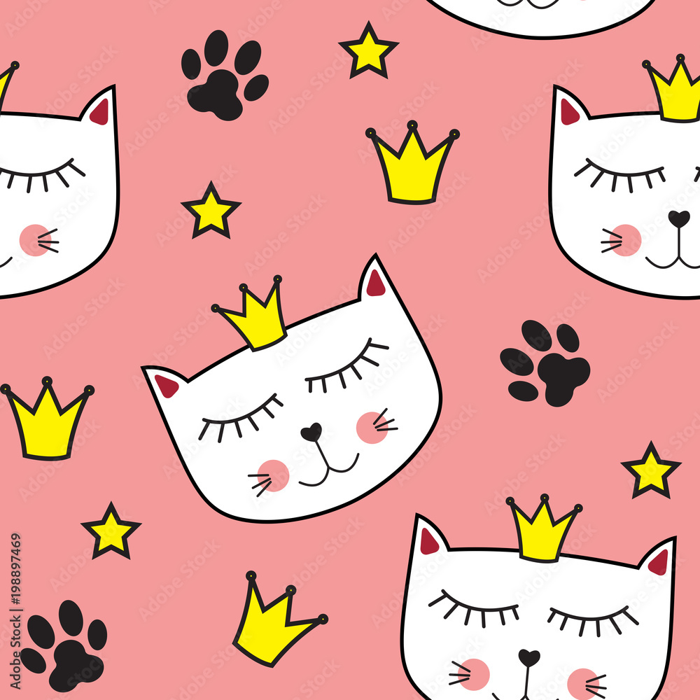 Little Cute Cat Princess Seamless Pattern Background Vector Illustration