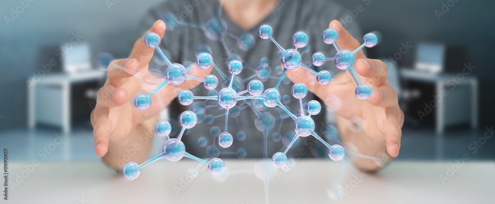 Businessman using modern molecule structure 3D rendering