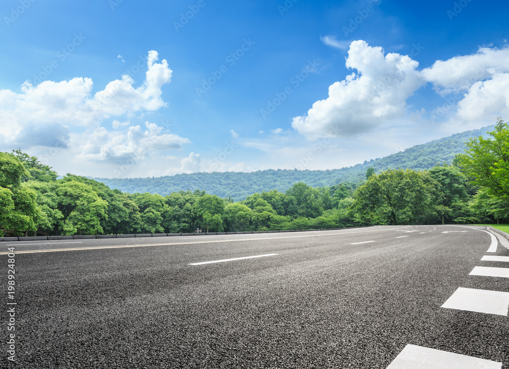 夏日山景柏油路绿林