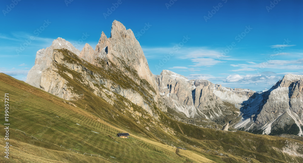 Mountain valley in the Italy alps. Beautiful natural sunset in the summer time