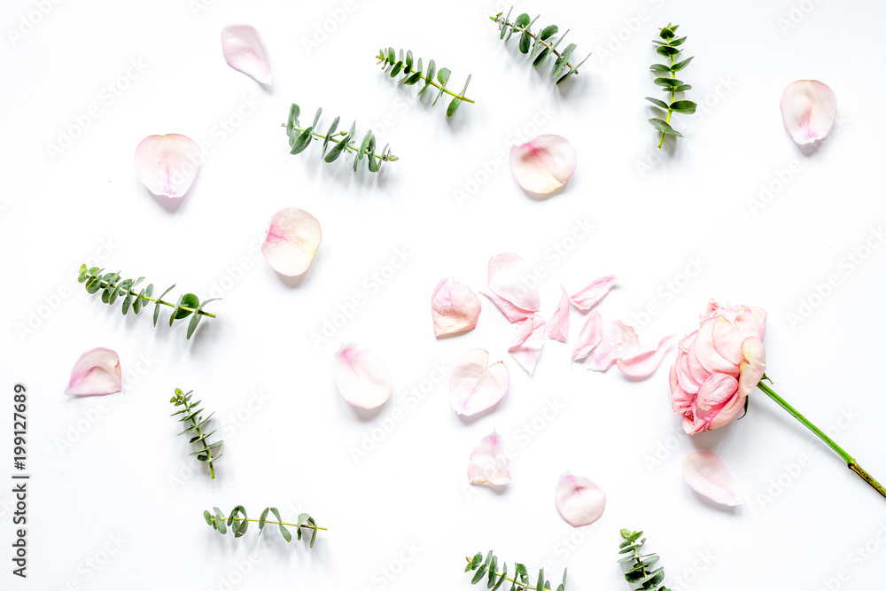 woman table with flower and herbs top view white background patt