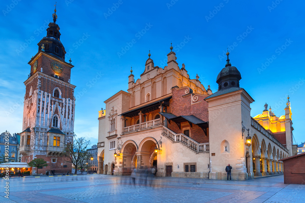 Town Hall tower and Krakow Cloth Hall at dusk, Poland