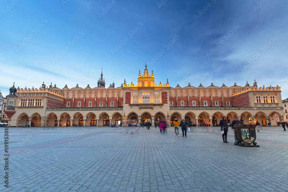 Architecture of The Krakow Cloth Hall at dusk, Poland. 