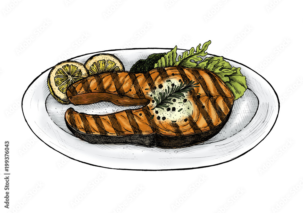 Hand drawn grilled fish steak