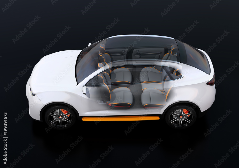 Side view of interior composed Electric SUV car on black background. Front seats turned to backward.