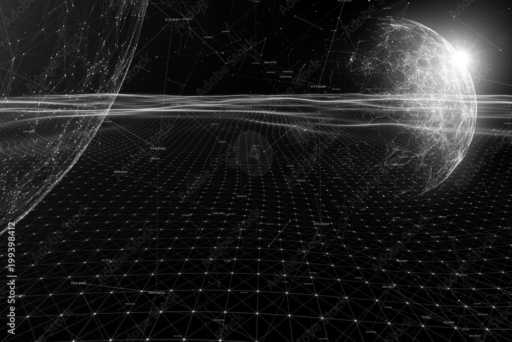 Black and white cyberspace network lines, dots and random numbers illustration background.