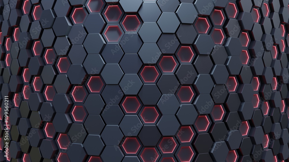 Red hexagon pattern. 3d rendering