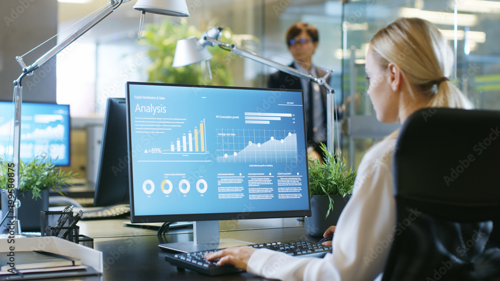 In the Office Businesswoman at Her Desk, Shes Using Personal Computer with Statistical Information 