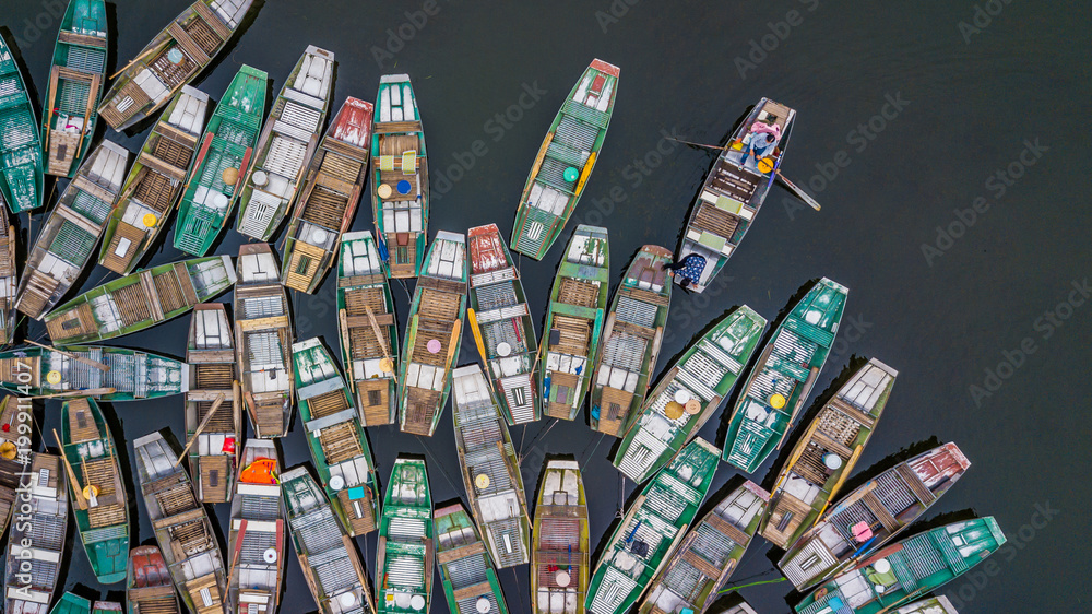 Aerial view rowing boat waiting for passenger at Tam Coc, Tourists traveling  boat, Tam Coc, Ninh Bi