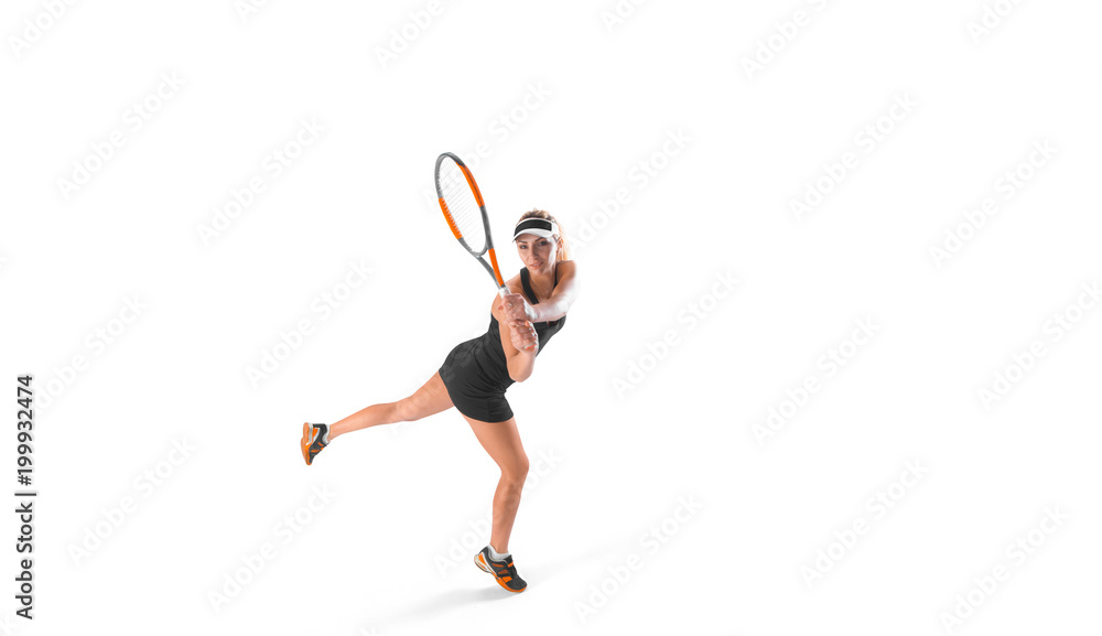 one young caucasian tennis woman isolated in silhouette on white background