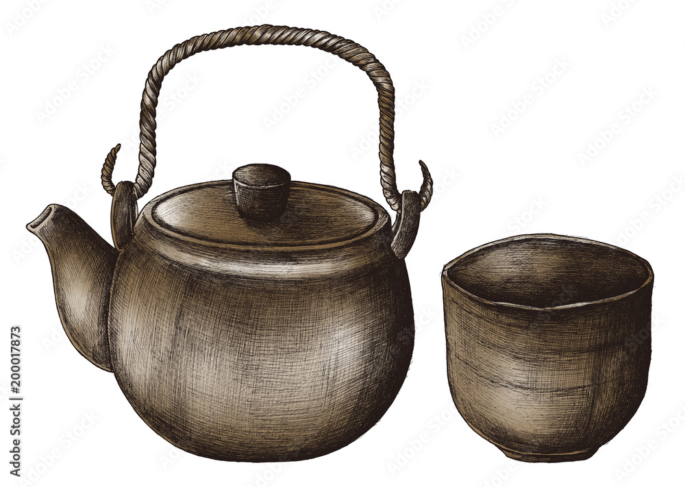 Hand drawn green tea set