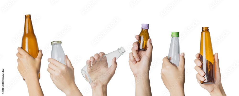 Collections of hand holding empty bottle transparent on white background