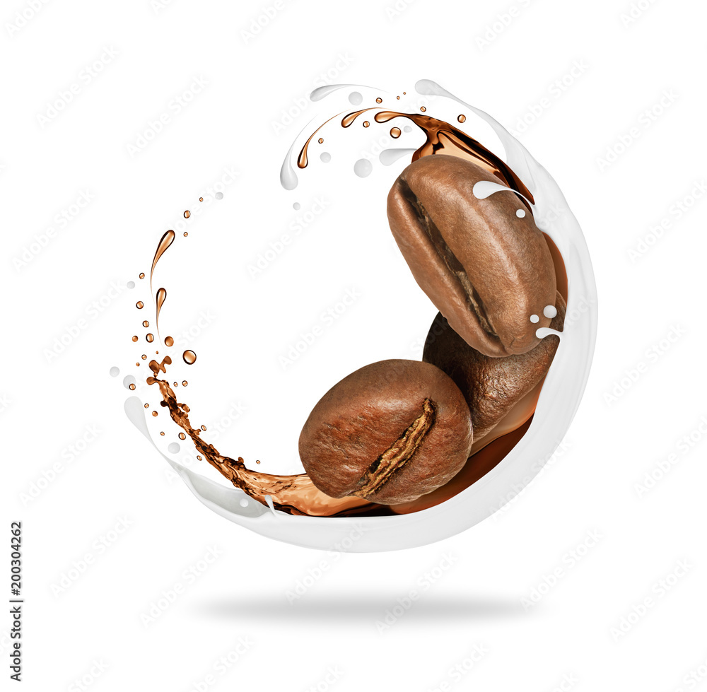 Coffee with milk splashes isolated on white background