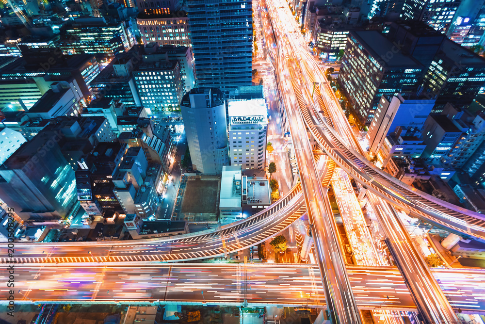 Aerial view of a massive highway intersection in Osaka, Japan