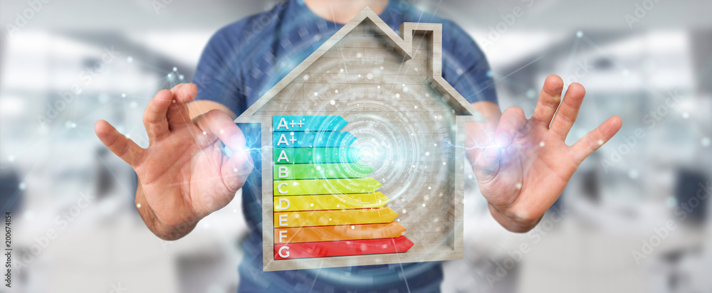 Businessman using 3D rendering energy rating chart in a wooden house