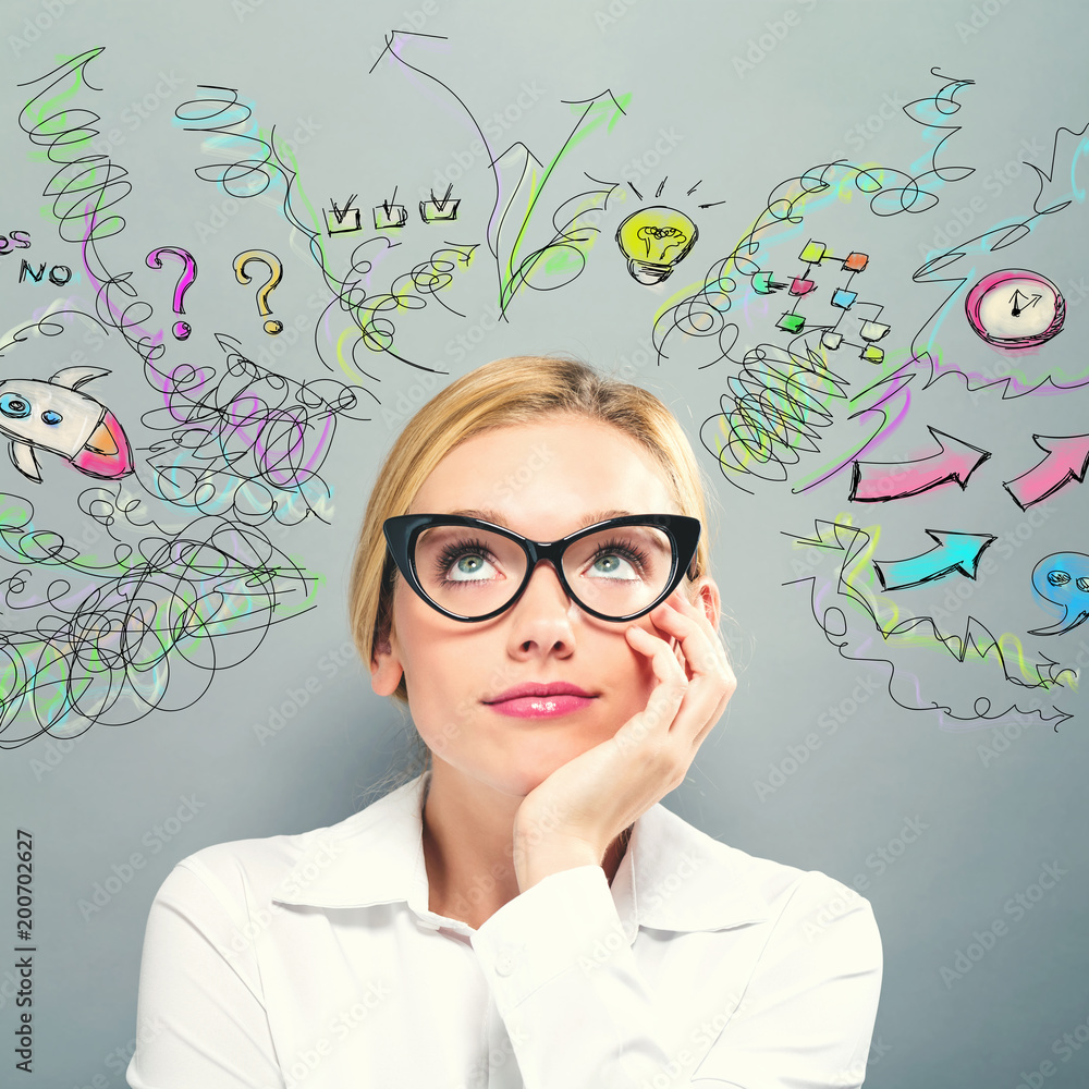 Many Thoughts with business woman on a gray background