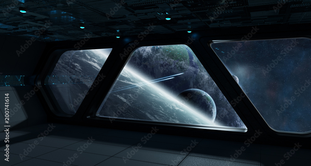 Spaceship futuristic interior with view on exoplanet