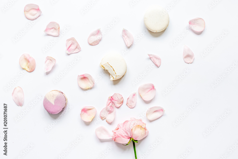 light breakfast disign with flowers on white table top view mock