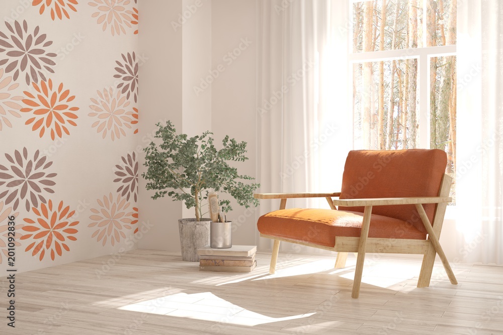 Inspiration of white minimalist room with armchair. Scandinavian interior design. 3D illustration